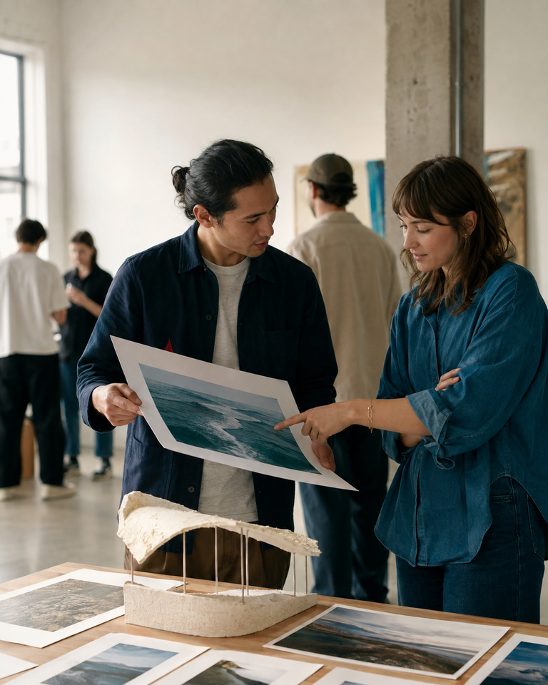 Two professionals discussing a visual concept and a physical model