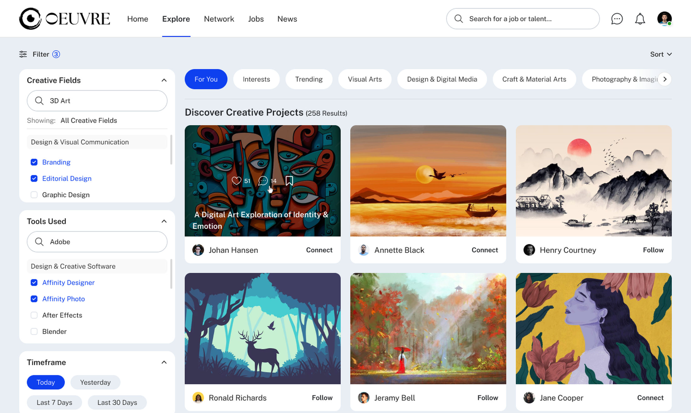Oeuvre creative project discovery on a tablet