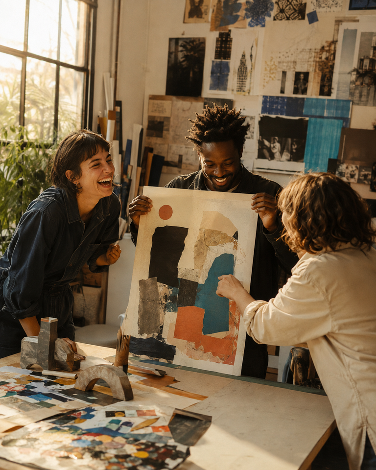 Creative professionals discussing a collage in a studio